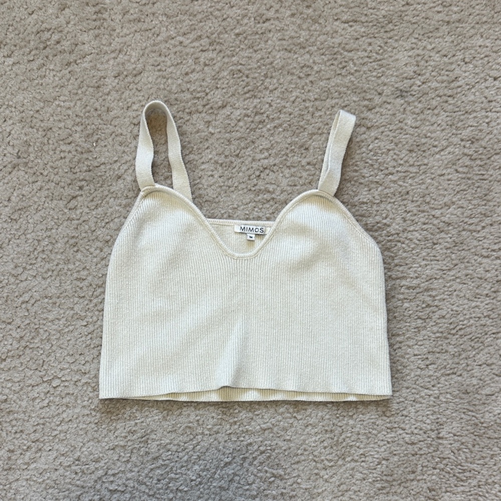 Mimos Cream Ribbed Knit Crop Tank Top - Medium